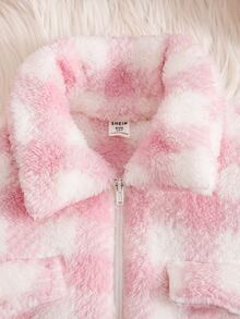 SHEIN 少女款毛絨保暖內裡加厚格紋簡約夾克外套，秋冬/四季穿著 - 粉色 - 查看 3