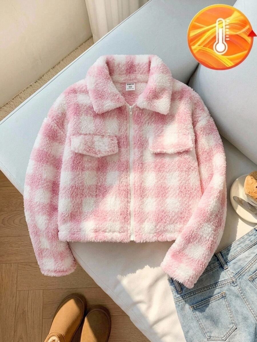 SHEIN 少女款毛絨保暖內裡加厚格紋簡約夾克外套,秋冬/四季穿著 - 粉色 - 查看 1