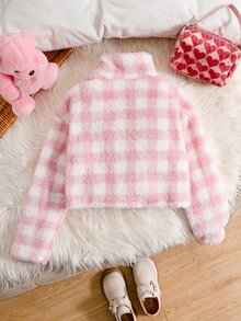 SHEIN 少女款毛絨保暖內裡加厚格紋簡約夾克外套，秋冬/四季穿著 - 粉色 - 查看 7