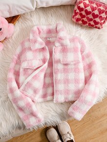 SHEIN 少女款毛絨保暖內裡加厚格紋簡約夾克外套，秋冬/四季穿著 - 粉色 - 查看 6