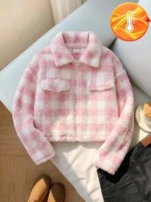 SHEIN 少女款毛絨保暖內裡加厚格紋簡約夾克外套，秋冬/四季穿著 - 粉色 - 查看 2