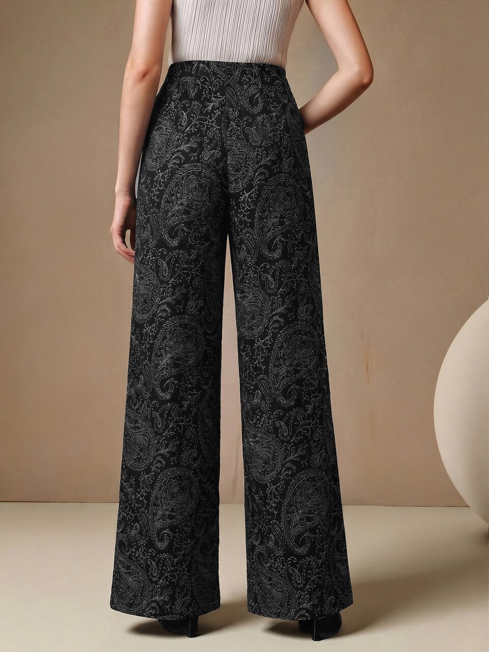 Anewsta Modern Design Digital Print Casual Black High Waist Loose Slimming Straight Leg Pants For Women
