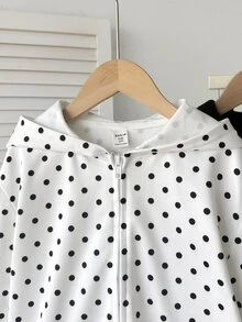 SHEIN Tween女孩休閒白色黑波點純黑連帽外套2件套，百搭學院風返校秋/冬季穿搭 - 黑與白 - 查看 4