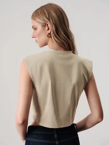 Aveloria Modichic Damen-Top ärmellos mit breiten Schultern, kurzem Schnitt, Schulterpolstern, Knoten vorne, gerafftem Rundhalsausschnitt, minimalistisch elegant, Khaki, für Brunch und Ausgehen im Sommer - Khaki - Übersicht 3