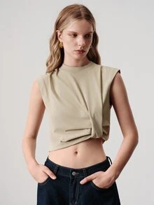 Aveloria Modichic Damen-Top ärmellos mit breiten Schultern, kurzem Schnitt, Schulterpolstern, Knoten vorne, gerafftem Rundhalsausschnitt, minimalistisch elegant, Khaki, für Brunch und Ausgehen im Sommer - Khaki - Übersicht 5