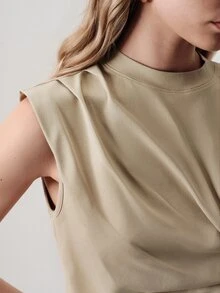 Aveloria Modichic Damen-Top ärmellos mit breiten Schultern, kurzem Schnitt, Schulterpolstern, Knoten vorne, gerafftem Rundhalsausschnitt, minimalistisch elegant, Khaki, für Brunch und Ausgehen im Sommer - Khaki - Übersicht 4