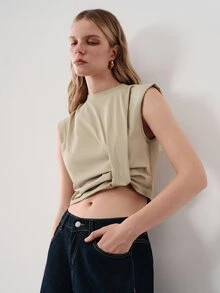 Aveloria Modichic Damen-Top ärmellos mit breiten Schultern, kurzem Schnitt, Schulterpolstern, Knoten vorne, gerafftem Rundhalsausschnitt, minimalistisch elegant, Khaki, für Brunch und Ausgehen im Sommer - Khaki - Übersicht 2