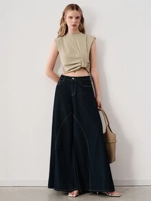 Aveloria Modichic Damen-Top ärmellos mit breiten Schultern, kurzem Schnitt, Schulterpolstern, Knoten vorne, gerafftem Rundhalsausschnitt, minimalistisch elegant, Khaki, für Brunch und Ausgehen im Sommer - Khaki - Übersicht 6