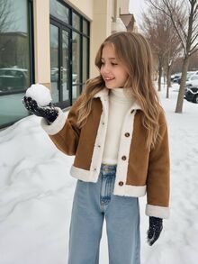 Emery Rose Kids Emery Rose Kids Young Girl Young Girl Young Girl Young Girl 配色保暖內裡長袖夾克，秋冬百搭 - 棕色 - 查看 5