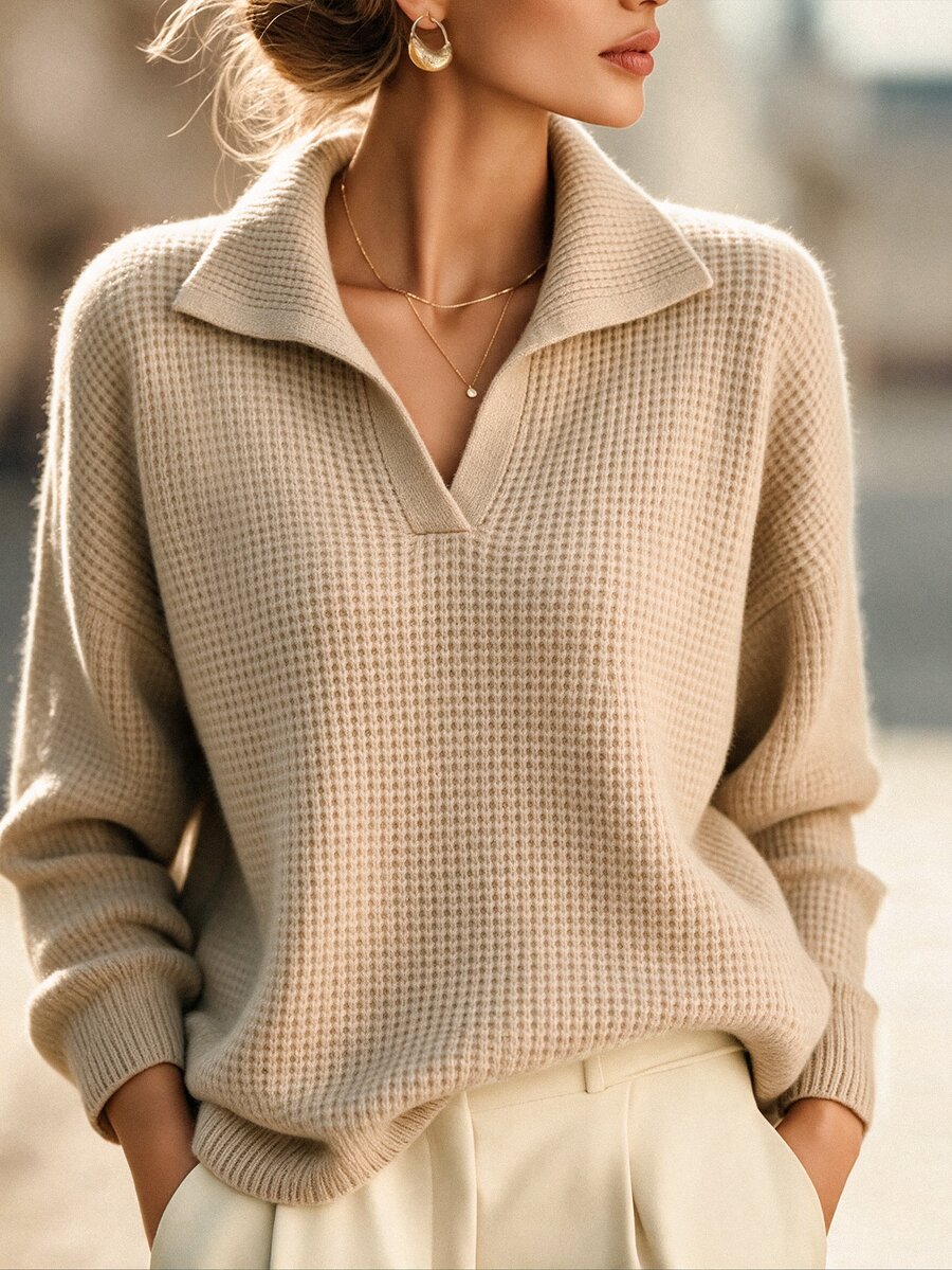 SHEIN Fall Winter Light Oat Polo V-Neck Knit Top, Casual Minimalist, Single & Layer Wear - Apricot - View 1