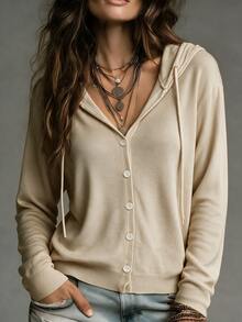 SHEIN Franclia Cardigan Rajut Kasual Korea Musim Gugur Terbaru untuk Wanita, Leher V, Kancing Depan, Tali Serut, Lengan Panjang, Warna Beige. - Aprikot - View 5