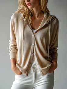 SHEIN Franclia Cardigan Rajut Kasual Korea Musim Gugur Terbaru untuk Wanita, Leher V, Kancing Depan, Tali Serut, Lengan Panjang, Warna Beige. - Aprikot - View 2