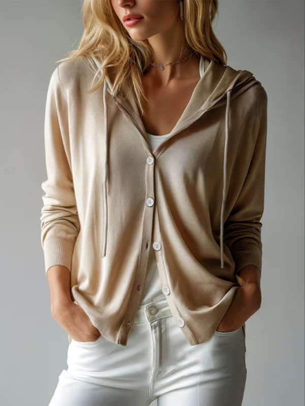 SHEIN Franclia New Autumn Korean Casual Hooded Knit Cardigan Women V Neck Button Front Drawstring Long Sleeve Travel Beige