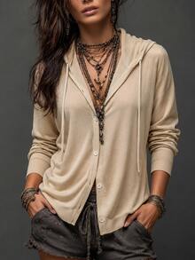 SHEIN Franclia Cardigan Rajut Kasual Korea Musim Gugur Terbaru untuk Wanita, Leher V, Kancing Depan, Tali Serut, Lengan Panjang, Warna Beige. - Aprikot - View 7