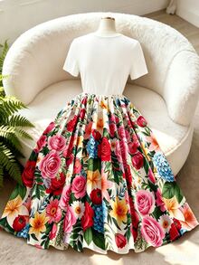 GlowEve CURVE Plus Size Women's Round Neck Floral Print Pleated Casual Vacation Travel Dress - Multicolor - View 2