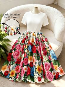 GlowEve CURVE Plus Size Women's Round Neck Floral Print Pleated Casual Vacation Travel Dress - Multicolor - View 3