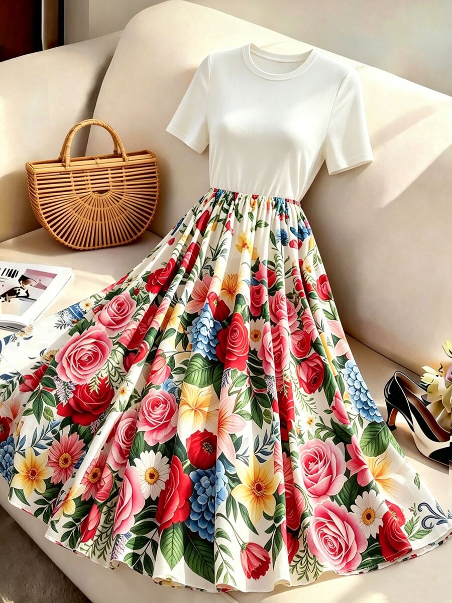 GlowEve CURVE Plus Size Women's Round Neck Floral Print Pleated Casual Vacation Travel Dress - Multicolor - View 1