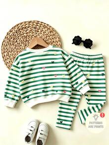 女童春秋綠色與白色條紋圓領運動衫套裝，可愛彩色花卉與愛心印花設計，寬鬆落肩版型，羅紋領口、袖口與下擺，搭配同款條紋彈性長褲，親膚舒適面料，適合日常穿著與外出，韓系清新俏皮風格，多色裝飾，秋冬萬聖節/聖誕節 - 彩色 - 查看 2