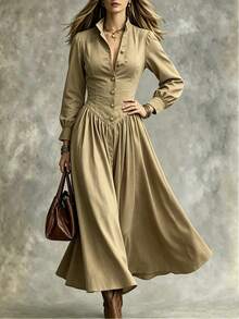 Linhara CURVE Plus Size Women's Solid Color Long Sleeve Button Front Casual Dress Fall - Khaki - View 5