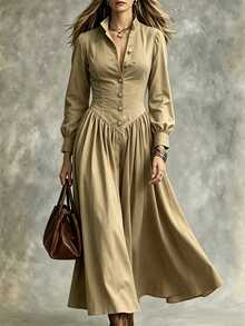 Linhara CURVE Plus Size Women's Solid Color Long Sleeve Button Front Casual Dress Fall - Khaki - View 3