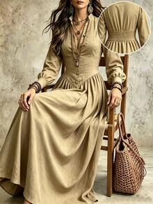 Linhara CURVE Plus Size Women's Solid Color Long Sleeve Button Front Casual Dress Fall - Khaki - View 4