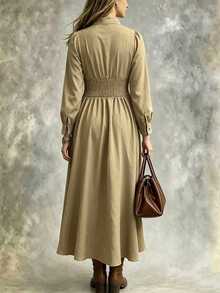Linhara CURVE Plus Size Women's Solid Color Long Sleeve Button Front Casual Dress Fall - Khaki - View 2