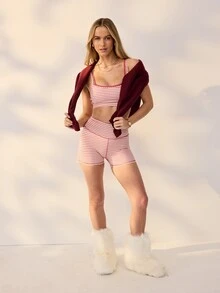 Aralina Women Houndstooth Biker Shorts Set Faux 2-In-1 Adjustable Strap Crop Top Outfit Gym Workout Summer Fall World Cup Watch Party Set - Multicolor - View 4