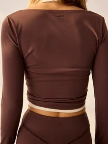 Aralina Leisurewear Active 2pcs Square Neck Long Sleeve Double Layered Contrast Trim High Waist Body Sculpting Stretch Yoga Gym Pilates Activewear Set - Coffee Brown - View 8