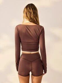 Aralina Leisurewear Active 2pcs Square Neck Long Sleeve Double Layered Contrast Trim High Waist Body Sculpting Stretch Yoga Gym Pilates Activewear Set - Coffee Brown - View 6