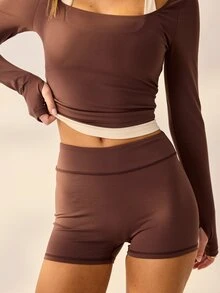 Aralina Leisurewear Active 2pcs Square Neck Long Sleeve Double Layered Contrast Trim High Waist Body Sculpting Stretch Yoga Gym Pilates Activewear Set - Coffee Brown - View 4