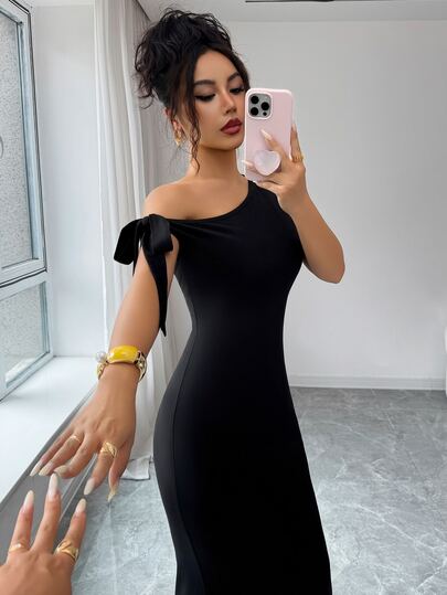SHEIN Raffinéa Women's Long Black One Shoulder Short Sleeve Dress With Tie Bow, Elegant Sexy 90s Fashion Vacation Beach Party Dress Summer