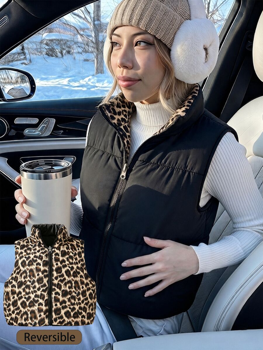 SHEIN 女童服飾 女孩背心 女孩馬甲保暖充棉背心 立領 黑色