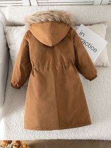 Emery Rose Kids Emery Rose Kids 女童毛絨滾邊連帽泰迪絨內裡派克大衣 - 棕色 - 查看 6
