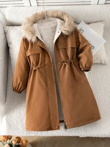 Emery Rose Kids Emery Rose Kids 女童毛絨滾邊連帽泰迪絨內裡派克大衣 - 棕色 - 查看 7