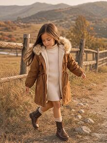 Emery Rose Kids Emery Rose Kids 女童毛絨滾邊連帽泰迪絨內裡派克大衣 - 棕色 - 查看 4