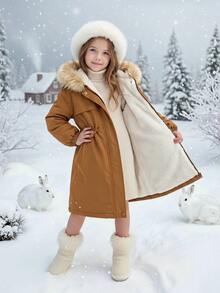 Emery Rose Kids Emery Rose Kids 女童毛絨滾邊連帽泰迪絨內裡派克大衣 - 棕色 - 查看 1
