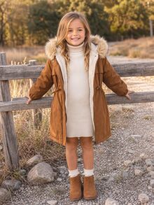 Emery Rose Kids Emery Rose Kids 女童毛絨滾邊連帽泰迪絨內裡派克大衣 - 棕色 - 查看 2