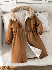 Emery Rose Kids Emery Rose Kids 女童毛絨滾邊連帽泰迪絨內裡派克大衣 - 棕色 - 查看 5