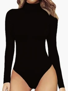 INAWLY Solid Turtleneck Long Sleeve Bodysuit Fall Cloth For Women - Black - View 6