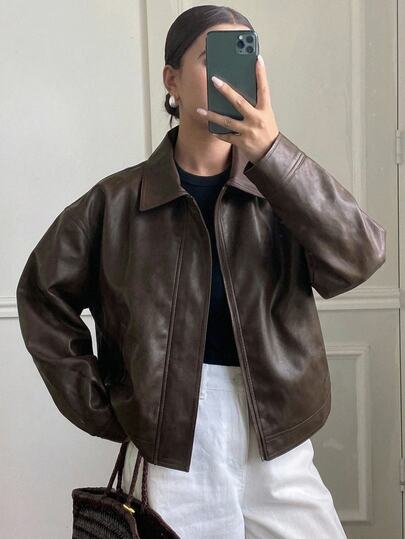 SHEIN Jaket Remaja Perempuan Musim Gugur/Dingin Model Baru Longgar Kasual Tebal PU Pakaian Luar Biasa