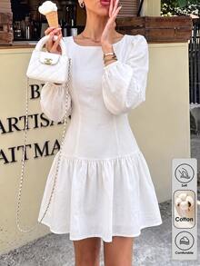 Flora Isola Flora Isola Women's Summer White Boat Neck Puff Long Sleeve Fitted Waist Ruffle Hem Mini Dress - White - View 5