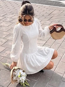 Flora Isola Flora Isola Women's Summer White Boat Neck Puff Long Sleeve Fitted Waist Ruffle Hem Mini Dress - White - View 3