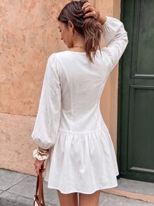 Flora Isola Flora Isola Women's Summer White Boat Neck Puff Long Sleeve Fitted Waist Ruffle Hem Mini Dress - White - View 2