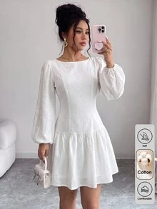 Flora Isola Flora Isola Women's Summer White Boat Neck Puff Long Sleeve Fitted Waist Ruffle Hem Mini Dress - White - View 8