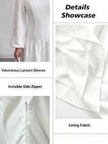 Flora Isola Flora Isola Women's Summer White Boat Neck Puff Long Sleeve Fitted Waist Ruffle Hem Mini Dress - White - View 7