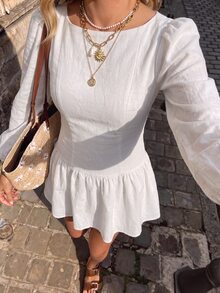 Flora Isola Flora Isola Women's Summer White Boat Neck Puff Long Sleeve Fitted Waist Ruffle Hem Mini Dress - White - View 4