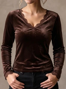 SHEIN LUNE CURVE Plus Size Women's Autumn/Winter Casual Brown Velvet Fabric Lace Patchwork Long Sleeve Base Layer T-Shirt, Suitable For Home, Casual, Commuting And Going Out - Brown - View 3