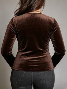 SHEIN LUNE CURVE Plus Size Women's Autumn/Winter Casual Brown Velvet Fabric Lace Patchwork Long Sleeve Base Layer T-Shirt, Suitable For Home, Casual, Commuting And Going Out - Brown - View 2