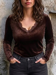SHEIN LUNE CURVE Plus Size Women's Autumn/Winter Casual Brown Velvet Fabric Lace Patchwork Long Sleeve Base Layer T-Shirt, Suitable For Home, Casual, Commuting And Going Out - Brown - View 5