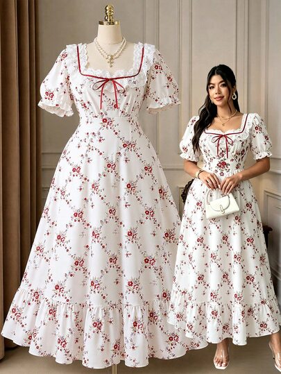 Rometta Đầm dài xòe thanh lịch tôn dáng cho nữ size lớn, cổ vuông, tay phồng ngắn, trang trí ren nơ, chiết eo, phong cách mùa hè, phù hợp mặc hằng ngày, đi du lịch, đi làm, trà chiều và các dịp thường ngày
